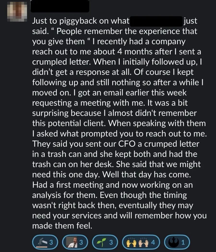 Message: a CFO kept the crumpled letter and trash can on her desk and reached out four months later.
