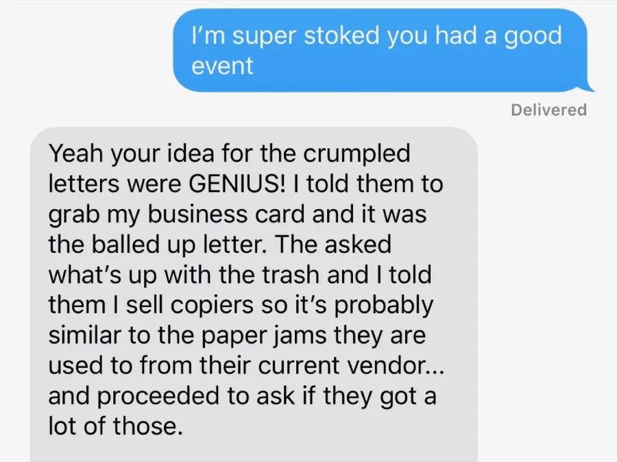 Text: the crumpled letter idea was genius at an event.