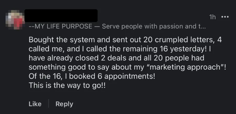 Comment: sent 20 crumpled letters, closed 2 deals and booked 6 appointments.