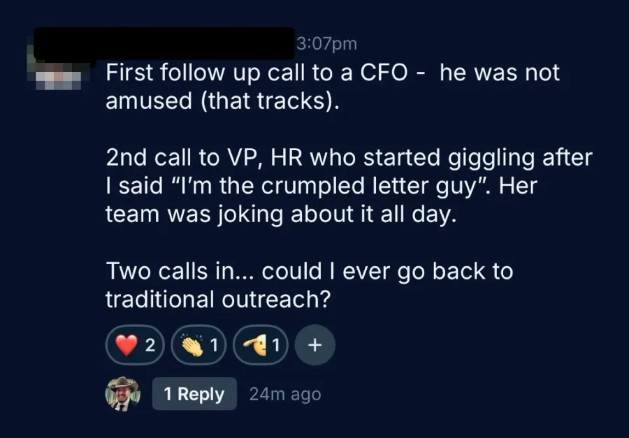 Message: a VP of HR started giggling at "I am the crumpled letter guy."