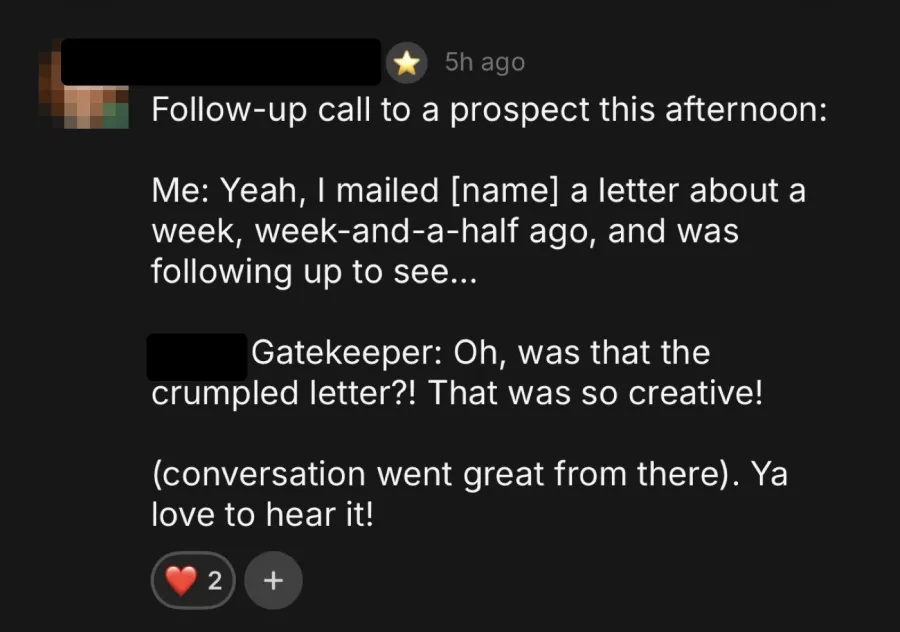 Message: the gatekeeper remembered the crumpled letter and called it so creative.