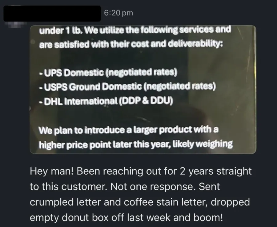 Message: reached out to a customer for 2 years with no response, sent the crumpled letter and got a reply.