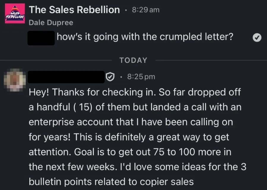 Message: dropped off 15 and landed a call with an enterprise account called on for years.